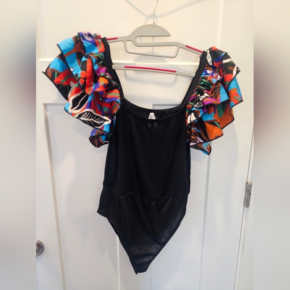 TRUTH Black Bodysuit Medium – Multicolor Ruffle Sleeve Statement Top Party Outfi